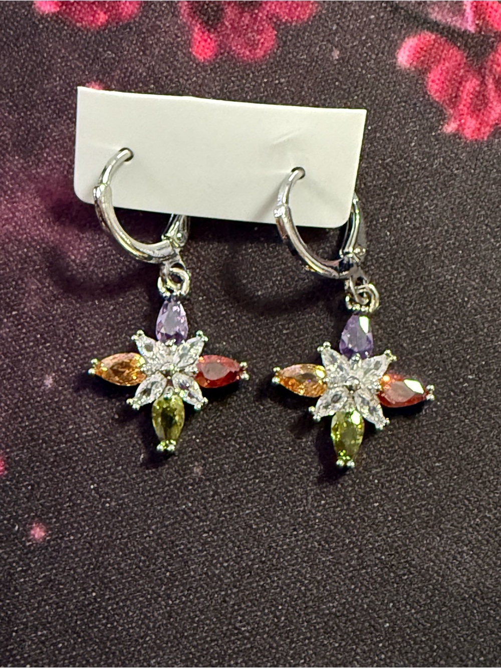Pretty Bird Multicolor Crystal Flower Drop Earrings - Purple, Red, Orange, Green